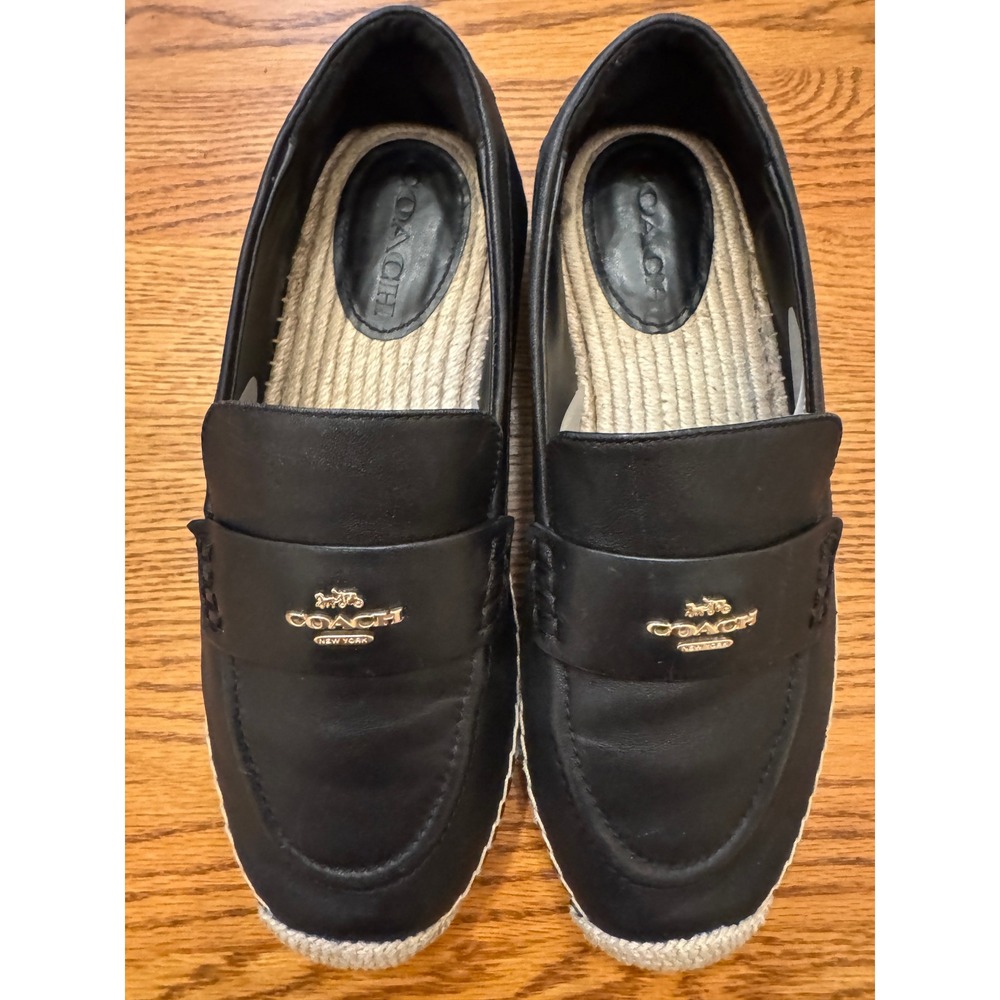 Coach Espadrille Loafers Men 9 Black Leather Jute Midsole Penny Slip On CAP49